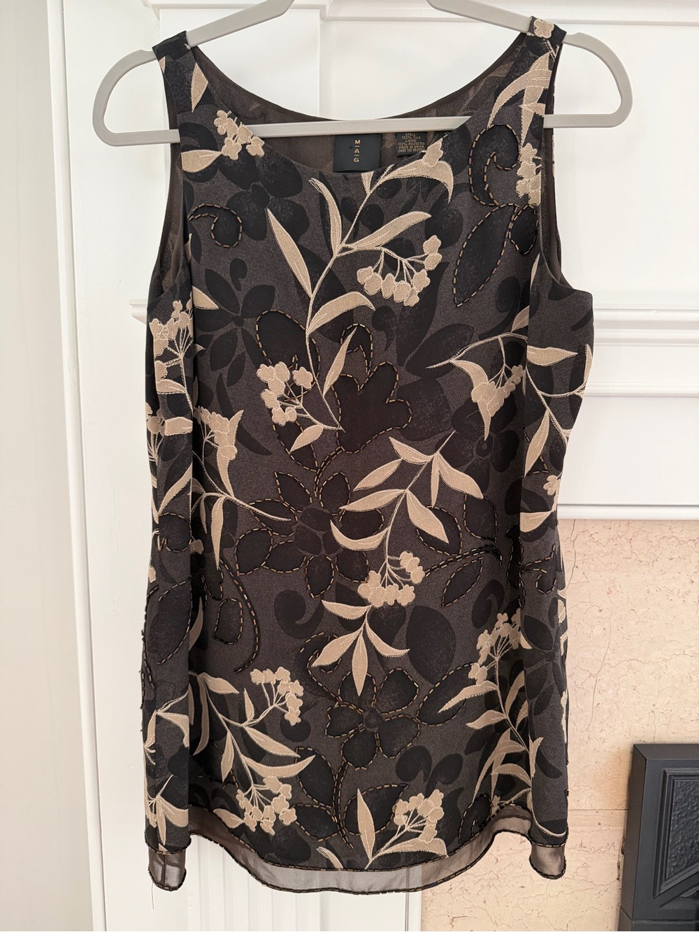 Vintage Sleeveless Silk Black & Beige Floral Beaded Embroidered Dress Tank Top